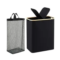 Artiss 2-Section 150L Laundry Basket Foldable with Removable Mesh Bags Bamboo Rim Black Upgraded Fibreglass Rods Upright