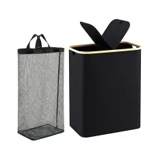 Artiss 2-Section 150L Laundry Basket Foldable with Removable Mesh Bags Bamboo Rim Black Upgraded Fibreglass Rods Upright