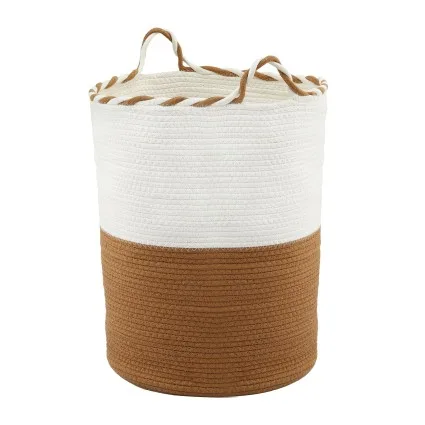 Artiss Woven Cotton Rope Laundry Basket 47L Foldable White Brown Built in Handles Lightweight Durable