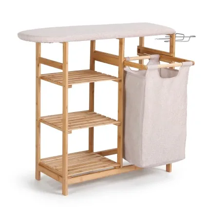 Artiss Bamboo Laundry Hamper with Ironing Board 38L Basket 3 Shelves Natural Light Grey All-in-One Utility