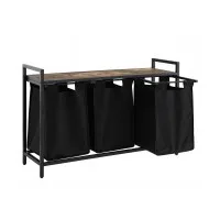 Artiss 135L 3-Section Laundry Basket Black Metal Frame Pull-Out Fabric Bags MDF Top Organiser Hamper