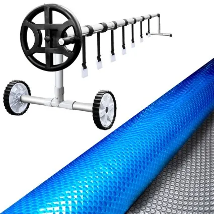 Aqua Buddy Pool Cover & Roller Set, Aluminium, 7x4m, Silver/Blue, 500 Micron, Solar Blanket, Heat & Debris Protection