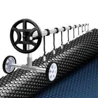 Aqua Buddy 7x4m 600 Micron Solar Pool Cover and 4m Aluminium Roller Set, Blue/Black, UV Resistant, Reduces Evaporation
