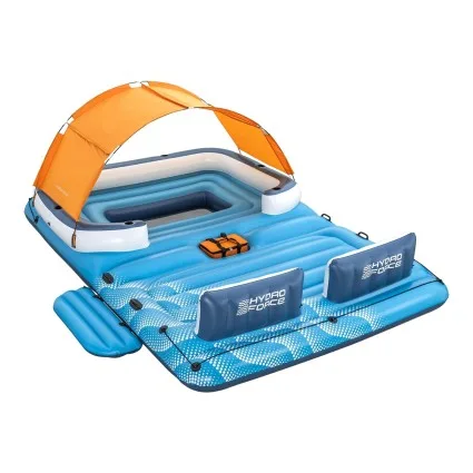 Bestway Inflatable Pool Float Island Lounge for 6 Adults, 3.73m x 2.64m, Vinyl Raft with Canopy, Cooler Bag & Repair Kit