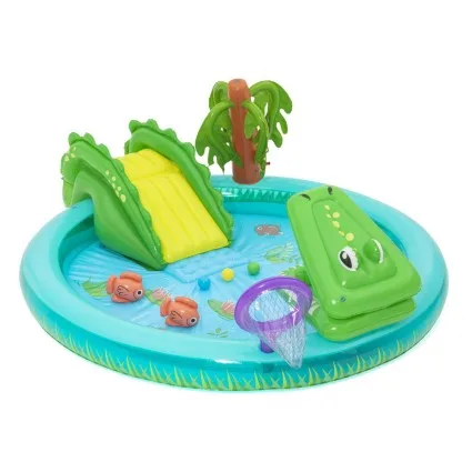 Bestway Kids Inflatable Crocodile Splash Play Pool with Slide, Fishing Net, Sprayer and Ball Toss Game