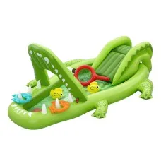 Bestway Inflatable Alligator Kids Play Pool with Slide 152L Ring Toss and Fishing Games Green