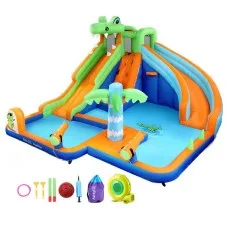 AirMyFun Kids Inflatable Water Park with Double Slides, Climbing Wall & Cannon 465x430cm PVC Outdoor Castle