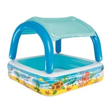 Bestway Kids Inflatable Pool 140x140x114cm with Sunshade Canopy, Marine Graphics, Repair Patch Included, 265L Capacity