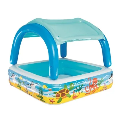 Bestway Kids Inflatable Pool 140x140x114cm with Sunshade Canopy, Marine Graphics, Repair Patch Included, 265L Capacity