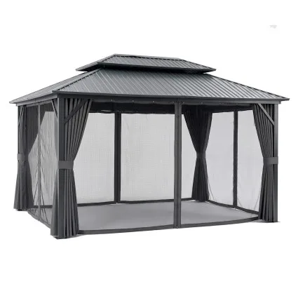 Instahut 3m x 4.25m Gazebo Hardtop Steel Roof Outdoor Pavilion with Curtains Grey
