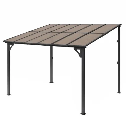 Instahut Lean-To Pergola 356cm x 275cm Brown Polycarbonate Wall Mounted Patio Cover with Aluminium Frame