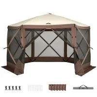 Instahut 3.6 x 3.6m Pop Up Gazebo Tent for 8 People with Mesh Walls and Removable Curtains Brown Beige