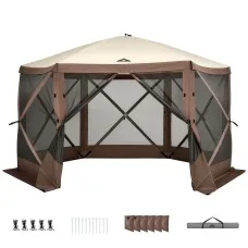 Instahut 3.6 x 3.6m Pop Up Gazebo Tent for 8 People with Mesh Walls and Removable Curtains Brown Beige