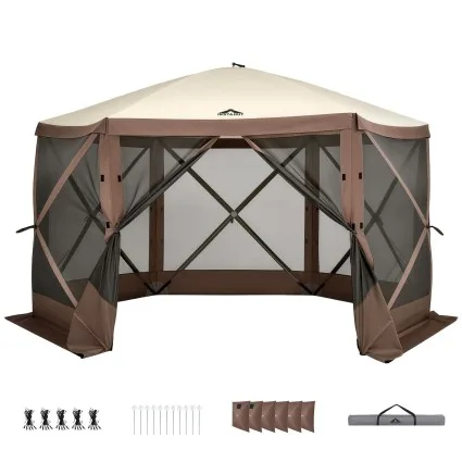 Instahut 3.6 x 3.6m Pop Up Gazebo Tent for 8 People with Mesh Walls and Removable Curtains Brown Beige