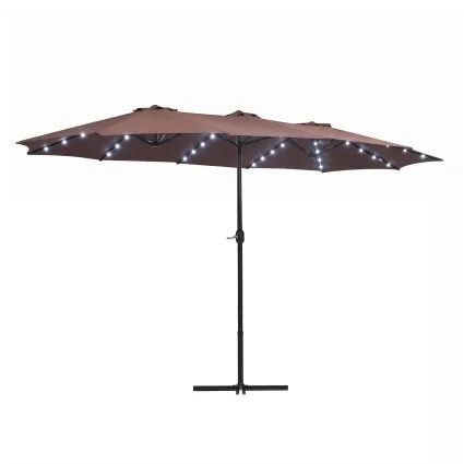 Instahut Outdoor Umbrella 4.57m Solar 48 LED Double-Sided Patio Parasol Brown for Outdoor Dining