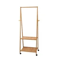 Artiss Bamboo Clothes Rack Airer Coat Stand with Wheels - 2-Tier Shelves, 4 Hooks, 165x59cm, Mould-Resistant Finish