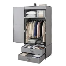 Artiss Large Portable Clothes Closet Wardrobe Grey Magnetic Door Powder Coated Metal Frame 1 Rod 2 Drawers