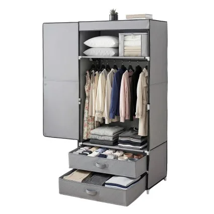 Artiss Large Portable Clothes Closet Wardrobe Grey Magnetic Door Powder Coated Metal Frame 1 Rod 2 Drawers