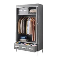 Artiss Large Grey Portable Clothes Wardrobe 90x45x170cm with 3 Drawers Tiebacks Breathable Cover Sturdy Frame