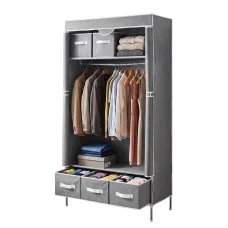 Artiss Large Grey Portable Clothes Wardrobe 90x45x170cm with 3 Drawers Tiebacks Breathable Cover Sturdy Frame