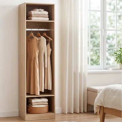 Artiss Pine Wardrobe Closet 185cm Slim Clothes Storage with Metal Hanging Rod Two Open Shelves Melamine
