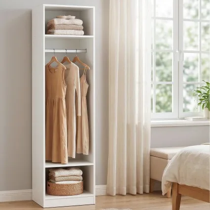 Artiss White Wardrobe Closet 185cm Tall Slim 50.5cm Wide with 2 Open Shelves and Metal Hanging Rod Durable Melamine