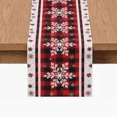 Jingle Jollys Christmas Table Runner 190cm Snowflake Plaid Linen Blend Dining Decor