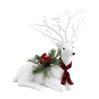 Jingle Jollys 32cm White Glitter Christmas Reindeer Ornament – PE Plastic, Red Scarf, Pine Leaves, Festive Decor
