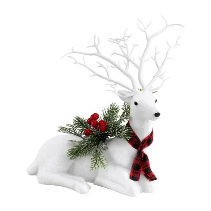 Jingle Jollys 32cm White Glitter Christmas Reindeer Ornament – PE Plastic, Red Scarf, Pine Leaves, Festive Decor