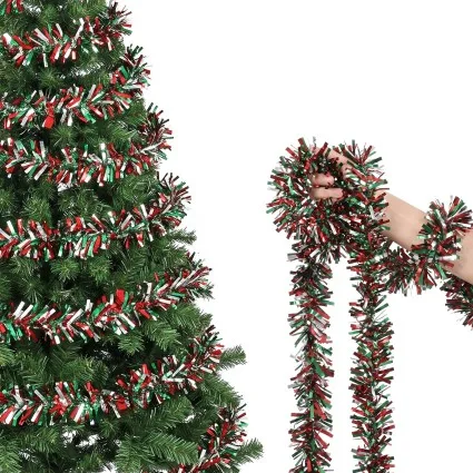 Jingle Jollys 20m Christmas Tinsel Garland 10cm 6-Layer PET Red Green Silver Festive Decoration for Trees