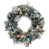 Jingle Jollys 60cm LED Christmas Wreath – Snow-Frosted, 180 PVC Tips, Pine Cones & Baubles, Indoor/Outdoor Decor
