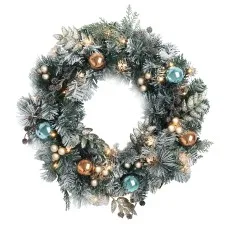 Jingle Jollys 60cm LED Christmas Wreath – Snow-Frosted, 180 PVC Tips, Pine Cones & Baubles, Indoor/Outdoor Decor