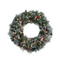 Jingle Jollys 60cm Pre-lit Christmas Wreath with LED Lights, Snowy Pine Needles and Red Berries, Indoor Outdoor Decor