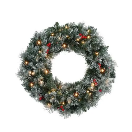 Jingle Jollys 60cm Pre-lit Christmas Wreath with LED Lights, Snowy Pine Needles and Red Berries, Indoor Outdoor Decor