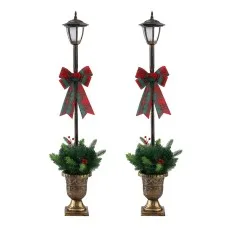 Jingle Jollys 125cm Christmas Lamp Post Pair, 50 Warm White LED Fairy Lights, Solar, Wreath & Bow, Easy Assembly