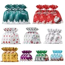 Jingle Jollys Christmas Gift Bags 27 Piece Set, 9 Designs, Large Medium Small Tie-Up Bags, Multicolour