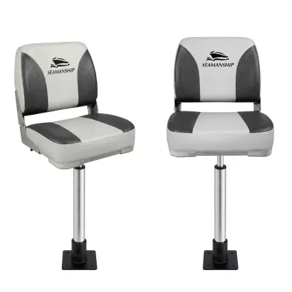 Seamanship 2-Pack Folding Boat Seats with 55–75cm Adjustable Swivel Pedestals 360-Degree Low Back Charcoal