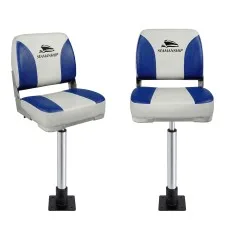 Seamanship 2-Pack Folding Boat Seats with 55–75cm Adjustable Swivel Pedestals, Low Back, 13cm Padding, White Blue