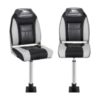Seamanship 2X Folding Boat Seats with 2 Adjustable 55–75cm Gas Lift Swivel Pedestals High Back Grey Black