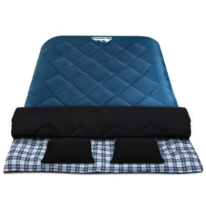 Weisshorn Double Sleeping Bag -10°C, 220x150cm, Convertible, Waterproof, with 2 Pillows, 300gsm Hollow Fibre Filling