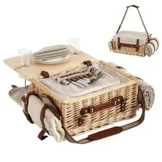 Alfresco 2 Person Picnic Basket Set 21L Insulated with Foldable Wood Table and Picnic Mat