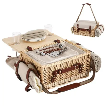 Alfresco 2 Person Picnic Basket Set 21L Insulated with Foldable Wood Table and Picnic Mat
