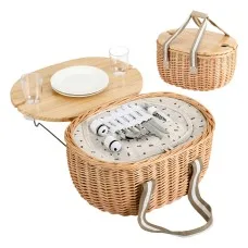 Alfresco 2 Person Insulated Picnic Basket Set with Foldable Wood Table Natural Wicker Outdoor Dining Set