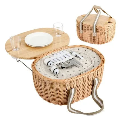 Alfresco 2 Person Insulated Picnic Basket Set with Foldable Wood Table Natural Wicker Outdoor Dining Set