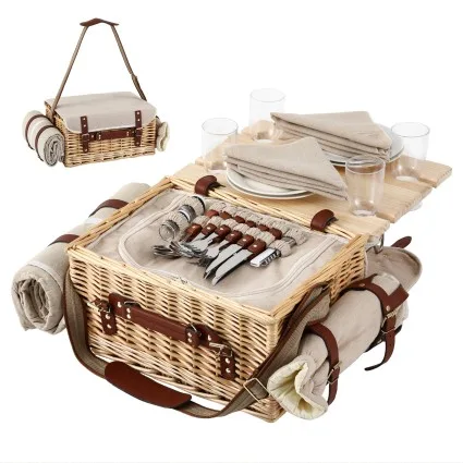 Alfresco 4 Person Picnic Basket Set with 21L Insulated Compartment, Foldable Wood Table and Picnic Mat