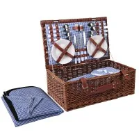 Alfresco 4 Person Picnic Basket Set, Wicker & PU Leather, 54x34x20cm, Brown & Blue, Insulated Cooler & Blanket Included