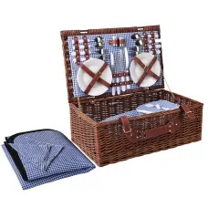 Alfresco 4 Person Picnic Basket Set, Wicker & PU Leather, 54x34x20cm, Brown & Blue, Insulated Cooler & Blanket Included