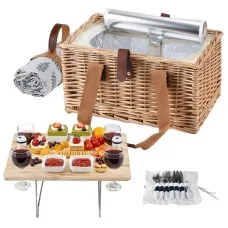 Alfresco 4 Person Willow Picnic Basket Set with Wood Table, Insulated Cooler, Blanket, Cutlery & Glasses - 40x30x20cm