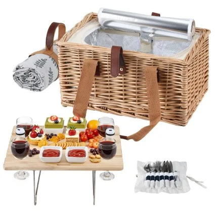 Alfresco 4 Person Willow Picnic Basket Set with Wood Table, Insulated Cooler, Blanket, Cutlery & Glasses - 40x30x20cm