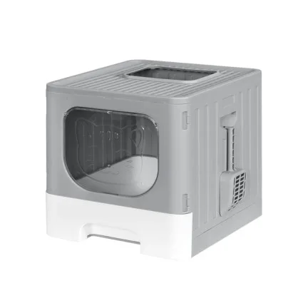 i.Pet Large Foldable Enclosed Cat Litter Box with Ventilation, Removable Tray & Scoop - Grey 48.5x38.5cm, PP Material
